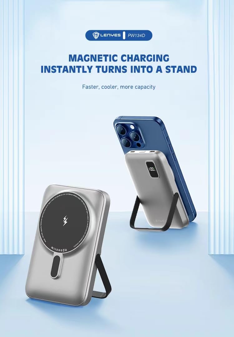 Lenyes PW134D Wireless Charging 10000 mAh Power Bank, 20W Type-C/15W Wireless Output, Compatible with iPhone 16/15/14/13/12/11/X/XR & Other Wireless Enabled Devices, Magnetic Ring for Android Phones - Image 4