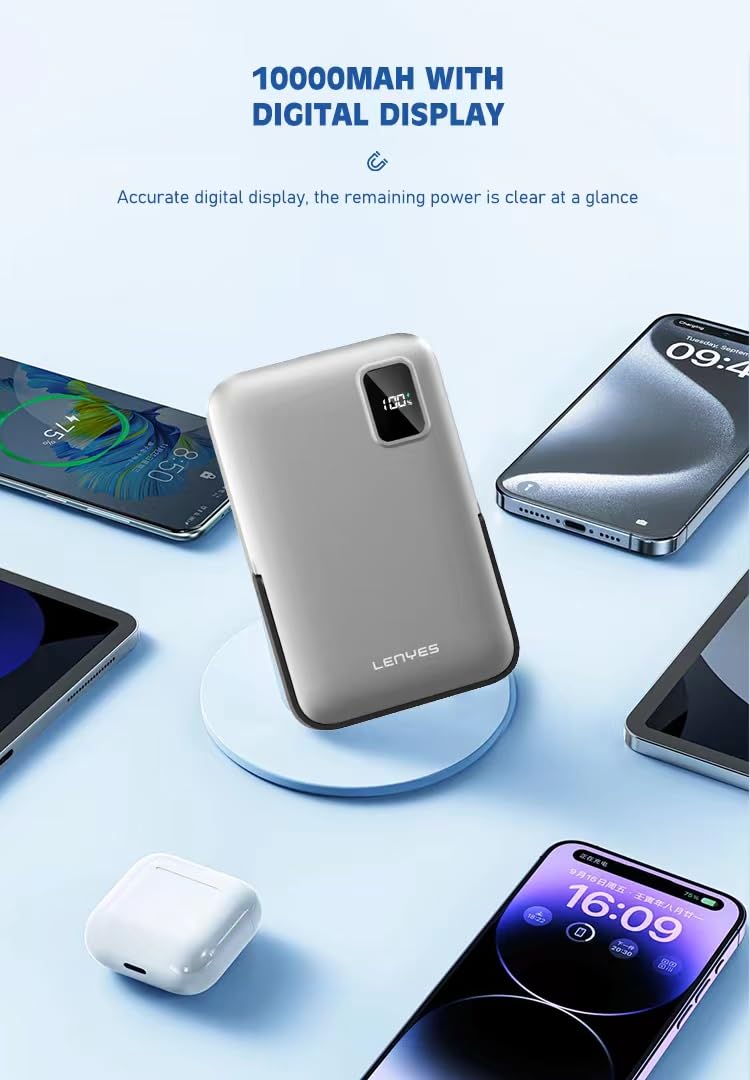 Lenyes PW134D Wireless Charging 10000 mAh Power Bank, 20W Type-C/15W Wireless Output, Compatible with iPhone 16/15/14/13/12/11/X/XR & Other Wireless Enabled Devices, Magnetic Ring for Android Phones - Image 2