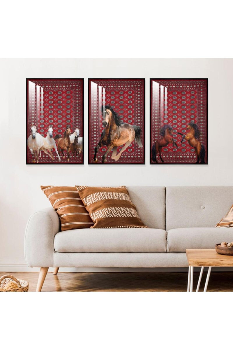 ماركتنا ثلاث لوحات جدارية خشبية بتصميم حصان، مع إطار وطبقة أكريليك شفافة. - Image 1