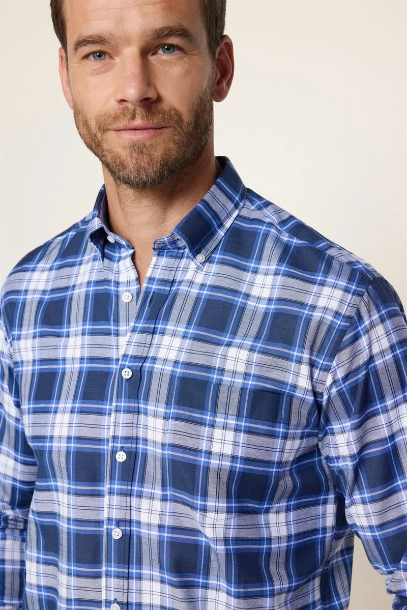 Tudors Classic Fit Button Collar Small Checked Cotton Men's Blue Shirt