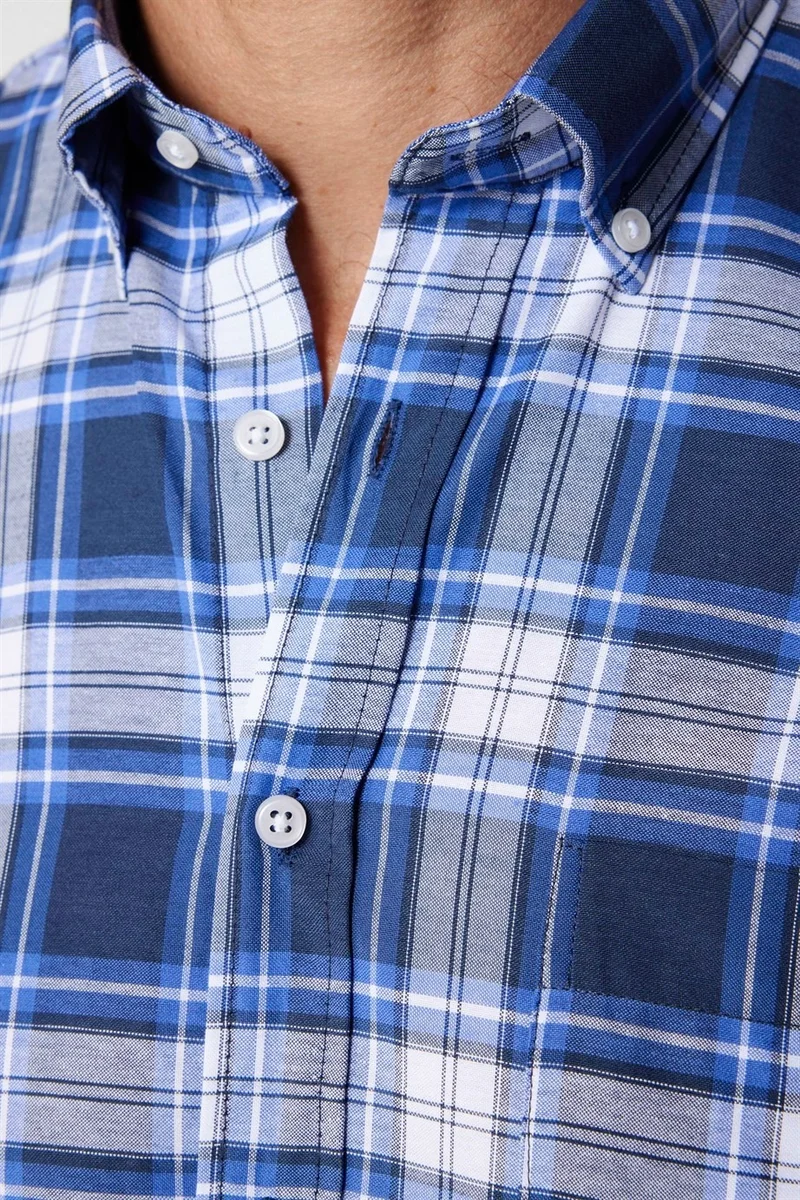 Tudors Classic Fit Button Collar Small Checked Cotton Men's Blue Shirt
