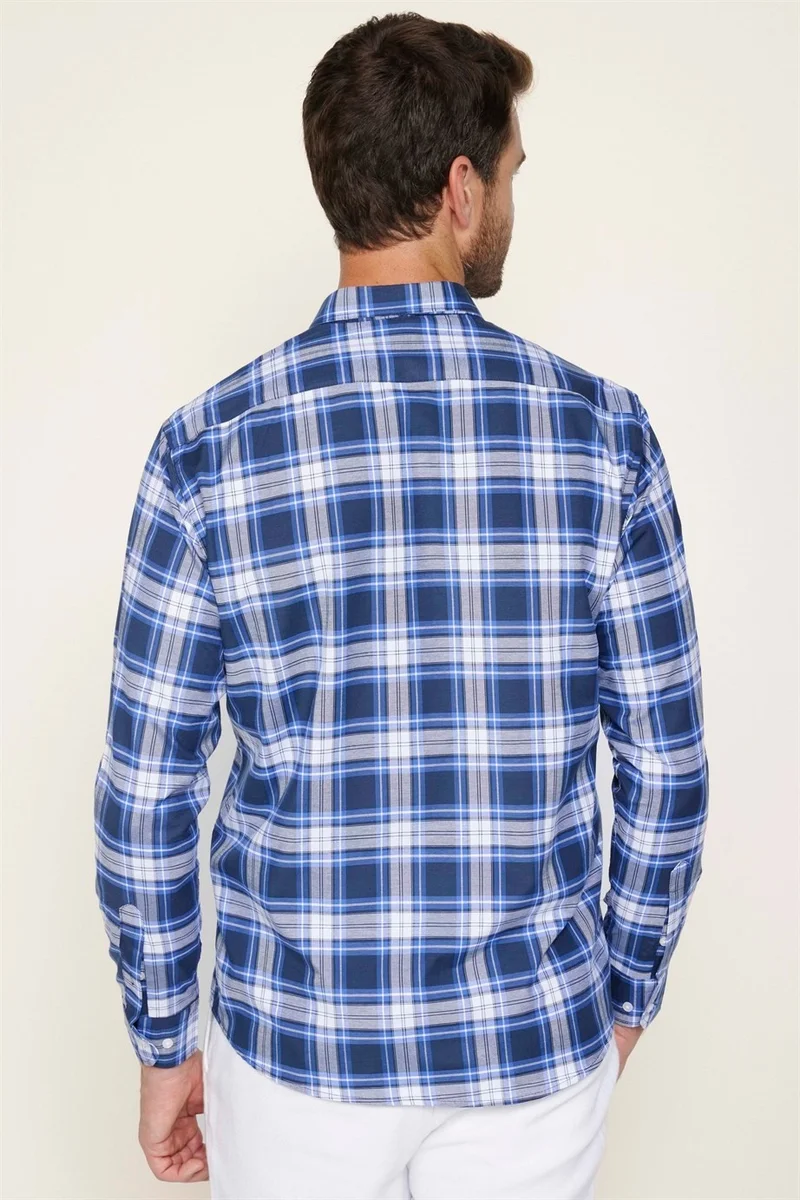 Tudors Classic Fit Button Collar Small Checked Cotton Men's Blue Shirt