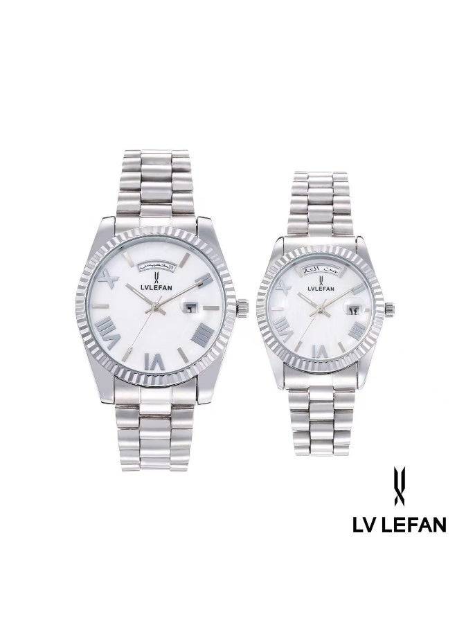 ليفان طقم ساعة يد للزوجين ضد الماء الفولاذ المقاوم للصدأ حزام زوجين الكوارتز ووتش مجموعة، الفاخرة مضيئة للماء التقويم ووتش هدية