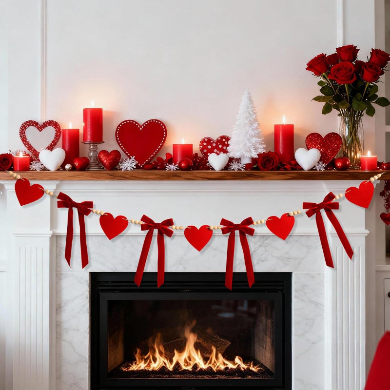 Craflox Valentine's Day Garland Decor, Valentine's Day Felt Garland for Mantel, Red Felt Heart and Velvet Bow Fireplace Garlands, Engagement Banner, Wedding Decorations - Image 1