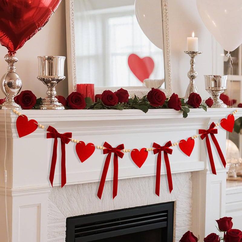 Craflox Valentine's Day Garland Decor, Valentine's Day Felt Garland for Mantel, Red Felt Heart and Velvet Bow Fireplace Garlands, Engagement Banner, Wedding Decorations - Image 2