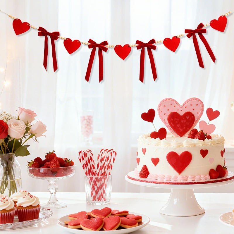 Craflox Valentine's Day Garland Decor, Valentine's Day Felt Garland for Mantel, Red Felt Heart and Velvet Bow Fireplace Garlands, Engagement Banner, Wedding Decorations - Image 4