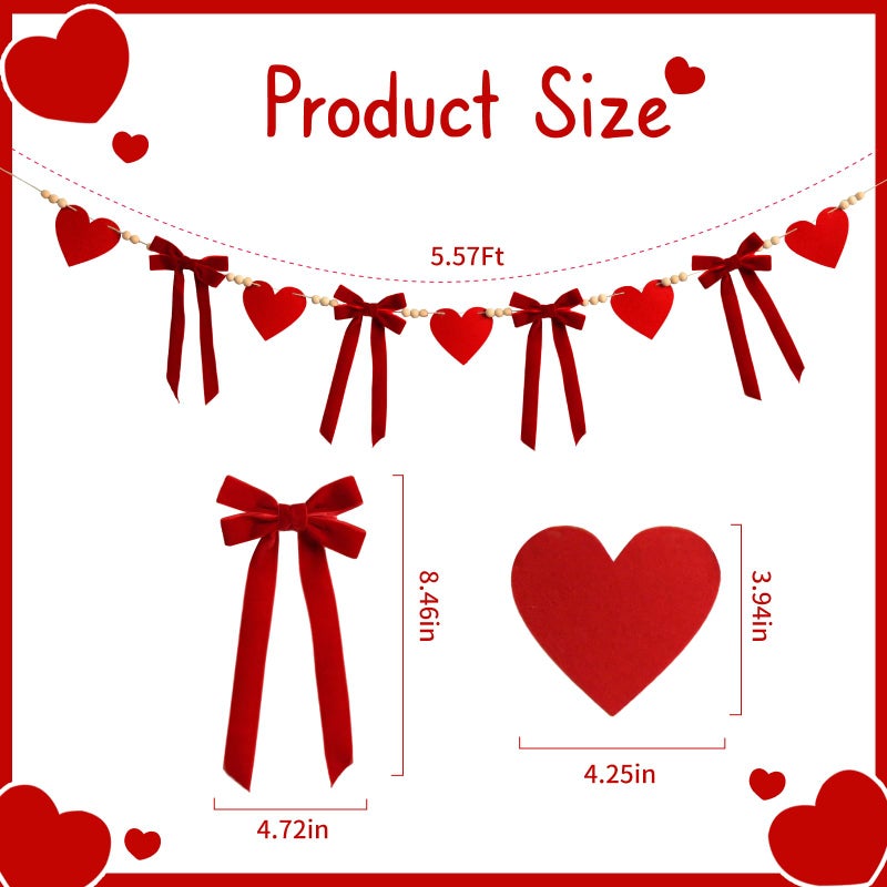 Craflox Valentine's Day Garland Decor, Valentine's Day Felt Garland for Mantel, Red Felt Heart and Velvet Bow Fireplace Garlands, Engagement Banner, Wedding Decorations - Image 3