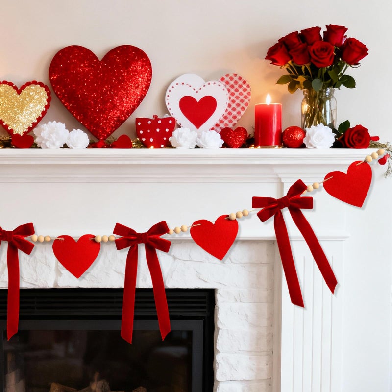 Craflox Valentine's Day Garland Decor, Valentine's Day Felt Garland for Mantel, Red Felt Heart and Velvet Bow Fireplace Garlands, Engagement Banner, Wedding Decorations - Image 5