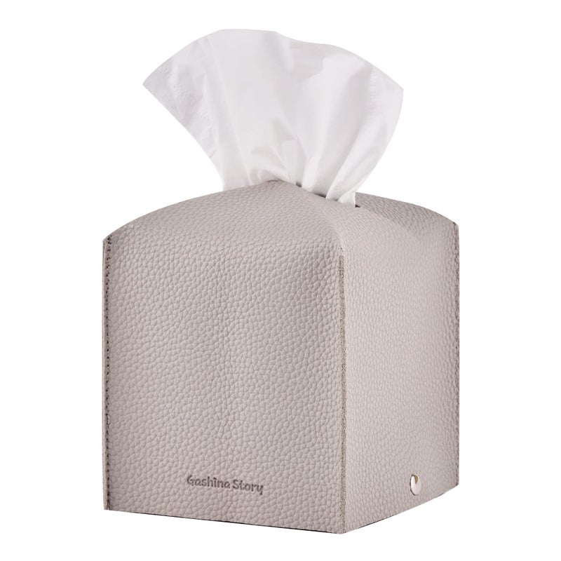 Gashina Story NonFalling Tissue Box Cover  Premium PU Faux Leather Kleenex Holder  5X5X5 Square Decorative Organizer for Car House Bathroom  Greige