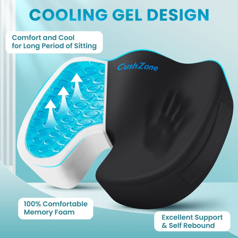 CushZone Office Chair Seat Cushion, Cooling Gel Enhanced Memory Foam Cushion for Long Sitting - Back, Sciatica, Coccyx, Tailbone Pain Relief Pillow - for Office, Gaming, Car, Wheelchair - Black, Large - Image 2