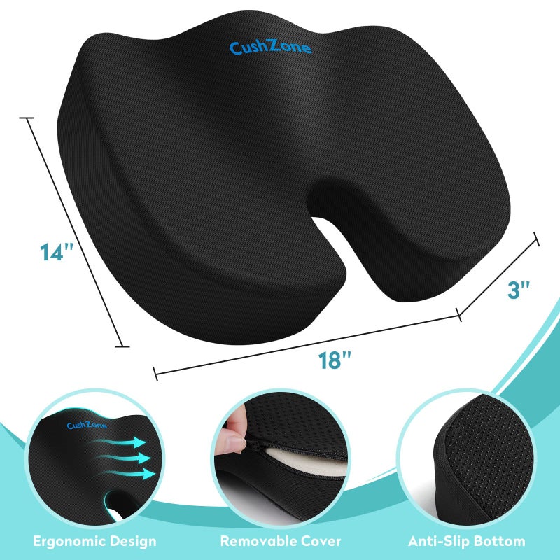 CushZone Office Chair Seat Cushion, Cooling Gel Enhanced Memory Foam Cushion for Long Sitting - Back, Sciatica, Coccyx, Tailbone Pain Relief Pillow - for Office, Gaming, Car, Wheelchair - Black, Large - Image 3