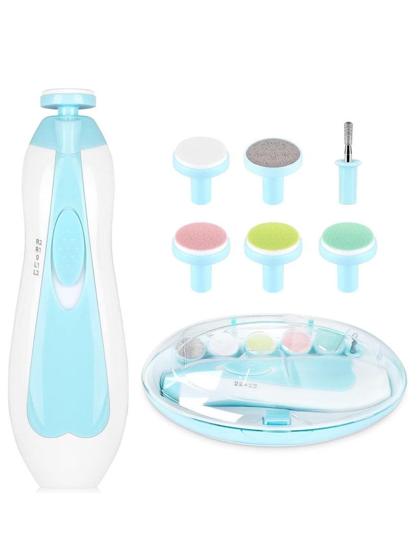 مقص أظافر الأطفال، مجموعة ملف أظافر كهربائي آمن للأطفال حديثي الولادة، العناية بالأظافر والأصابع، تلميع وقص، 6 رؤوس طحن وضوء LED، أزرق - Image 1