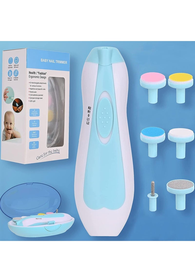 مقص أظافر الأطفال، مجموعة ملف أظافر كهربائي آمن للأطفال حديثي الولادة، العناية بالأظافر والأصابع، تلميع وقص، 6 رؤوس طحن وضوء LED، أزرق - Image 2