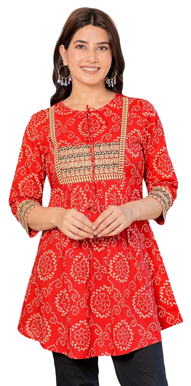Yash Gallery Cotton Mid Thigh Length Bandej Printed Round Neck Short Kurti for Women (Red, 5XL) - Image 1
