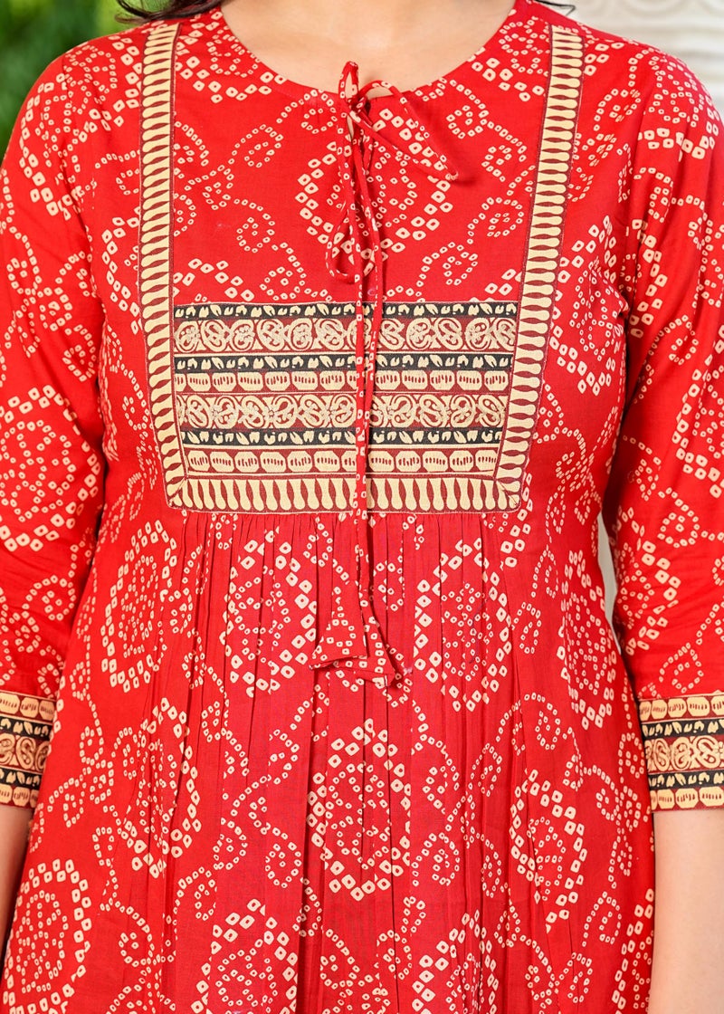 Yash Gallery Cotton Mid Thigh Length Bandej Printed Round Neck Short Kurti for Women (Red, 5XL) - Image 5