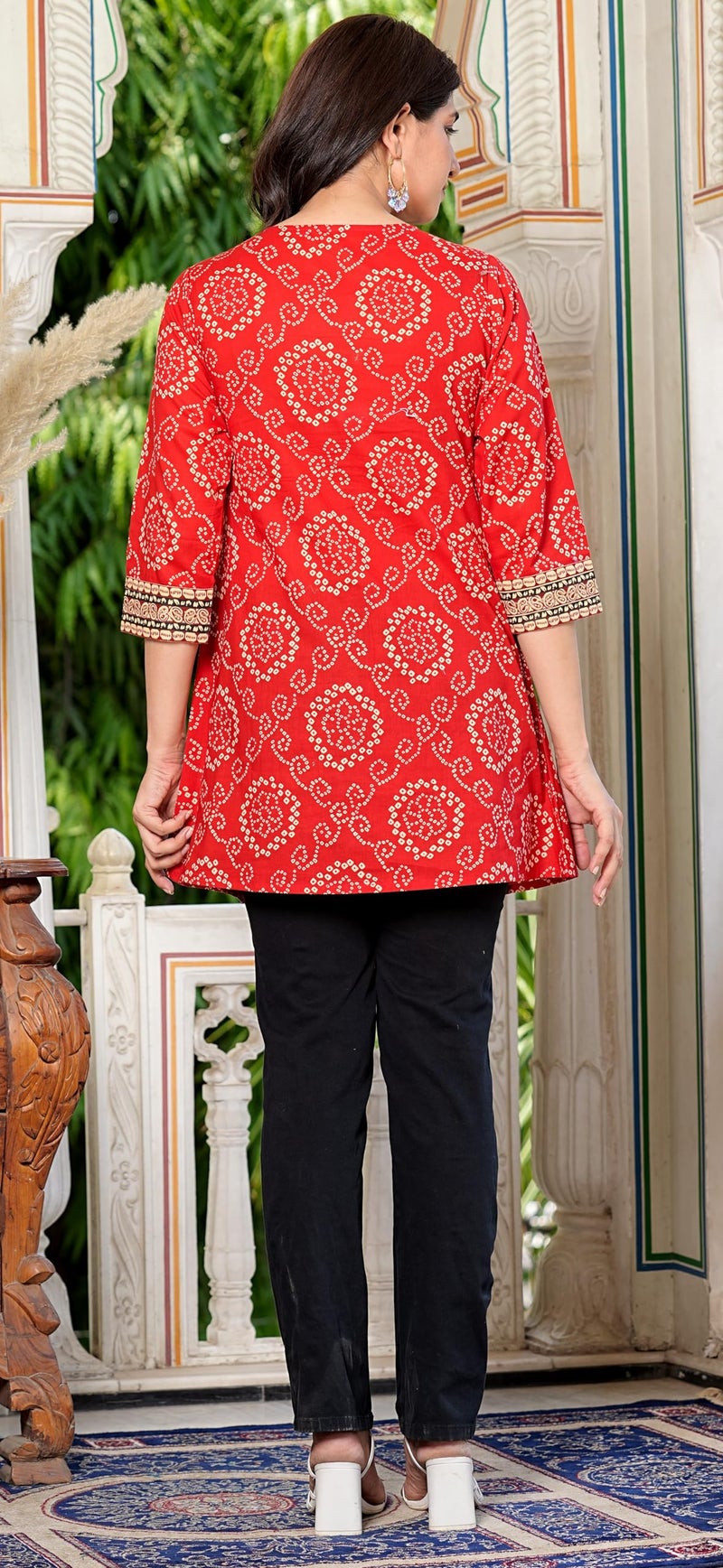 Yash Gallery Cotton Mid Thigh Length Bandej Printed Round Neck Short Kurti for Women (Red, 5XL) - Image 4