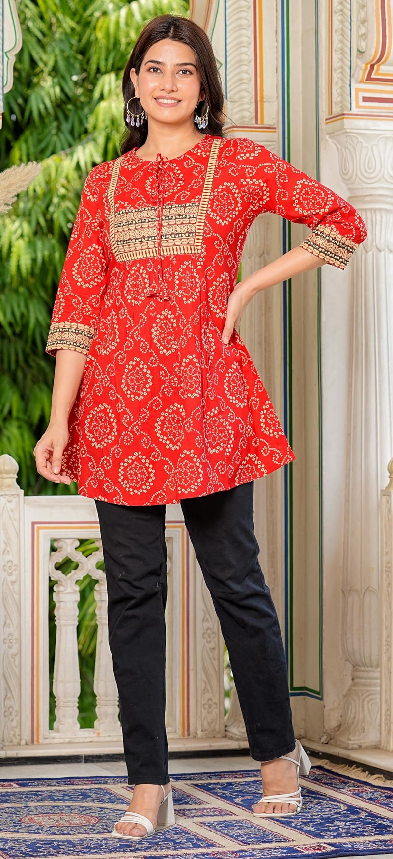 Yash Gallery Cotton Mid Thigh Length Bandej Printed Round Neck Short Kurti for Women (Red, 5XL) - Image 3