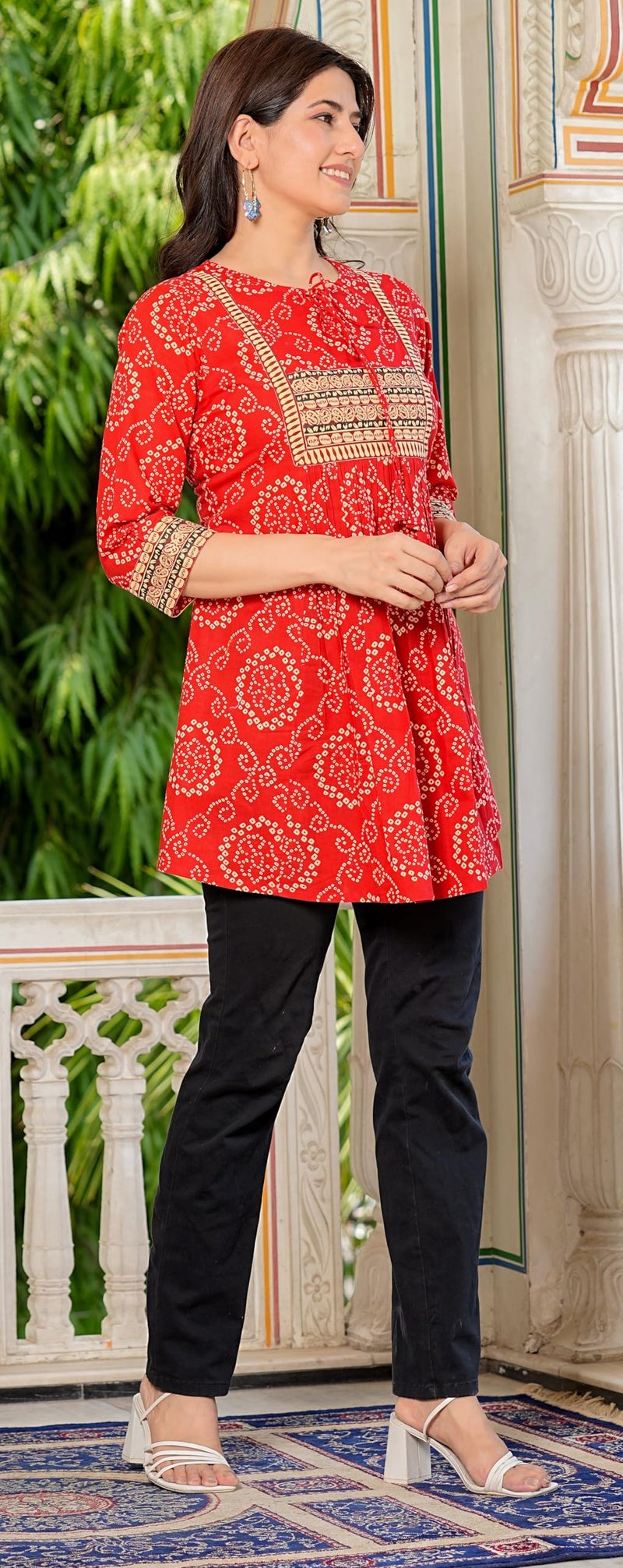 Yash Gallery Cotton Mid Thigh Length Bandej Printed Round Neck Short Kurti for Women (Red, 5XL) - Image 2