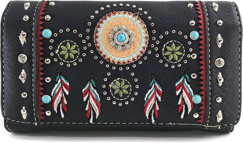 Zelris Store Tribal Native Dream Catcher Feather Concho Embroidered Crossbody Fold Wallet - Image 1