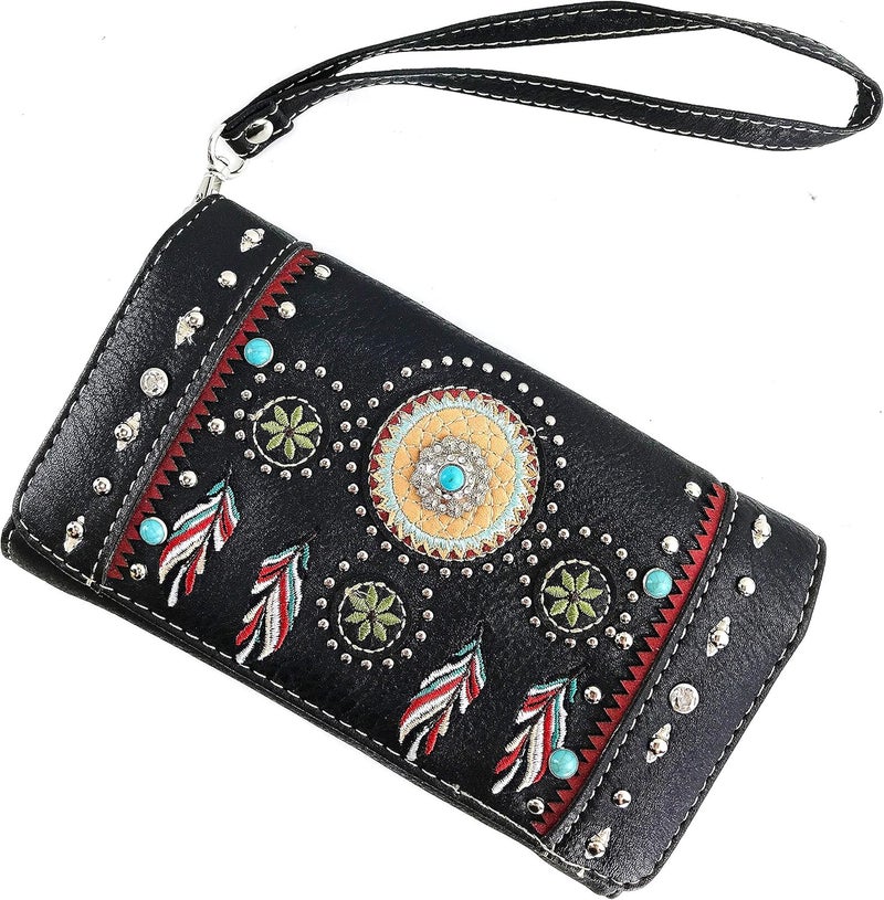 Zelris Store Tribal Native Dream Catcher Feather Concho Embroidered Crossbody Fold Wallet - Image 2