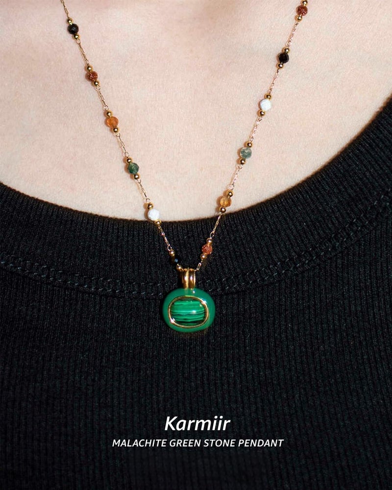 Karmiir Women's Pendant Necklace Beaded Natural Stones Station with Malachite Pendant -18K Gold-Plated Non-tarnish Beach Necklace 18" + 2â€ Extension Layering jewelry - Image 2
