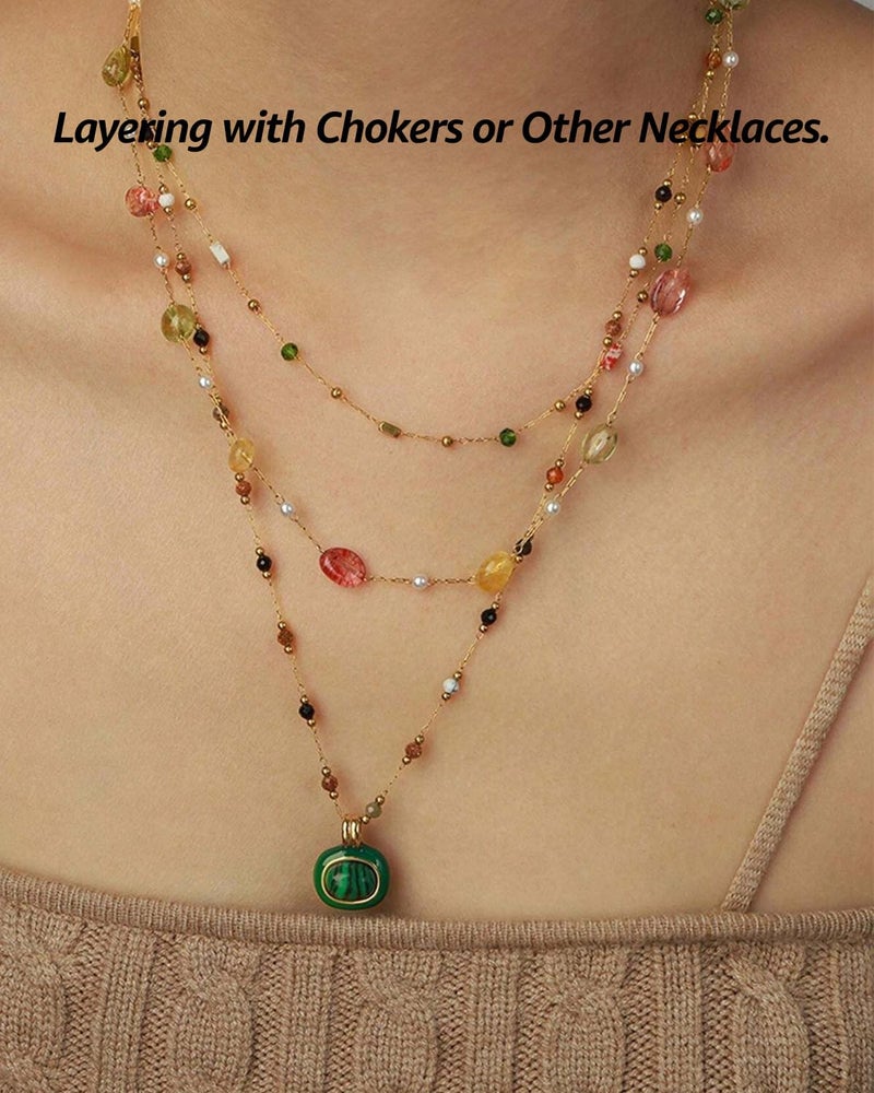 Karmiir Women's Pendant Necklace Beaded Natural Stones Station with Malachite Pendant -18K Gold-Plated Non-tarnish Beach Necklace 18" + 2â€ Extension Layering jewelry - Image 4