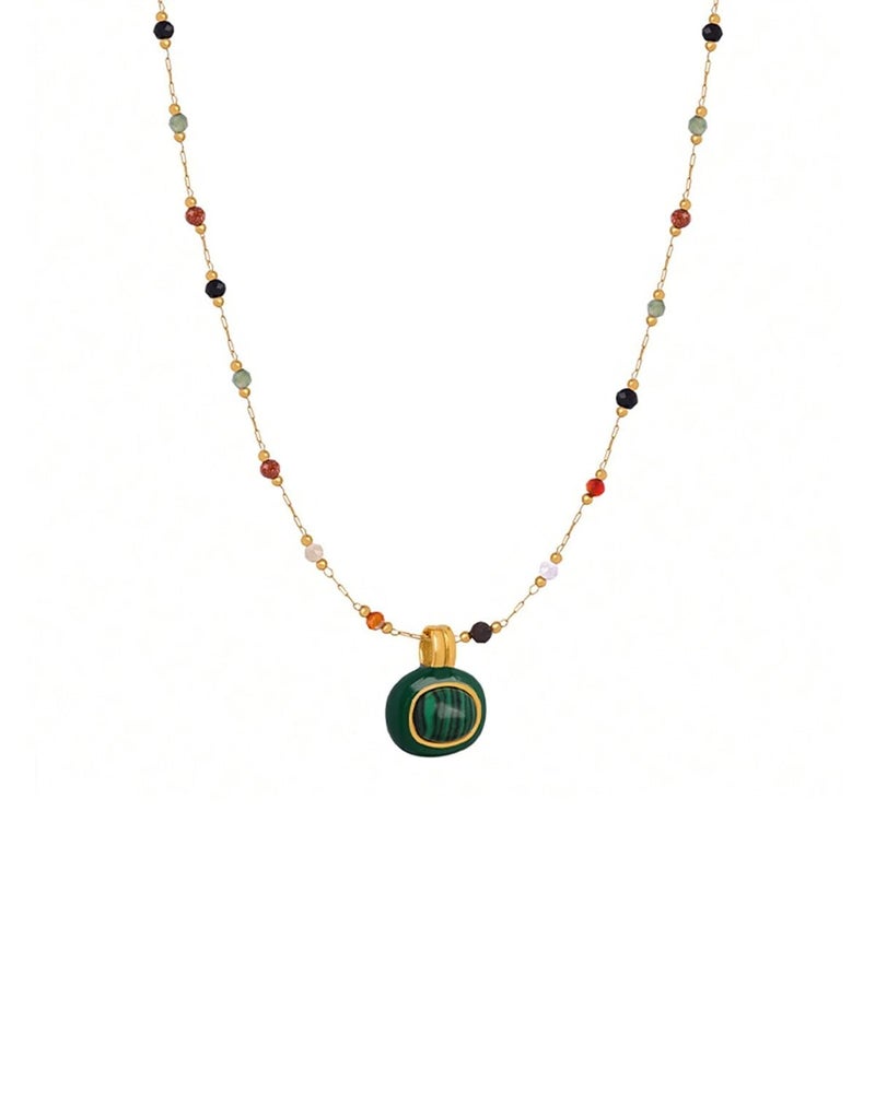 Karmiir Women's Pendant Necklace Beaded Natural Stones Station with Malachite Pendant -18K Gold-Plated Non-tarnish Beach Necklace 18" + 2â€ Extension Layering jewelry - Image 1