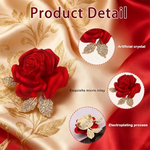 BharatBazaar Enamel Rose Flower Brooch Pin for Women Girls Gold Plated Elegant Crystal Red Creative 3D Saree Pins Floral Dainty Dress Suit Accessories Holiday Christmas Birthday Jewelry - Image 3