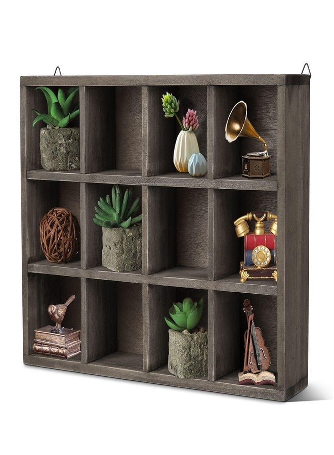 Flexzion Wooden Cubby Shelf - 12-Compartment Floating Hanging Wall Display Shelf Wood Rustic Brown Knick Knack Shelf, Versatile Wall Compartment Shelf with D-Ring Mounting Tabs - Image 1