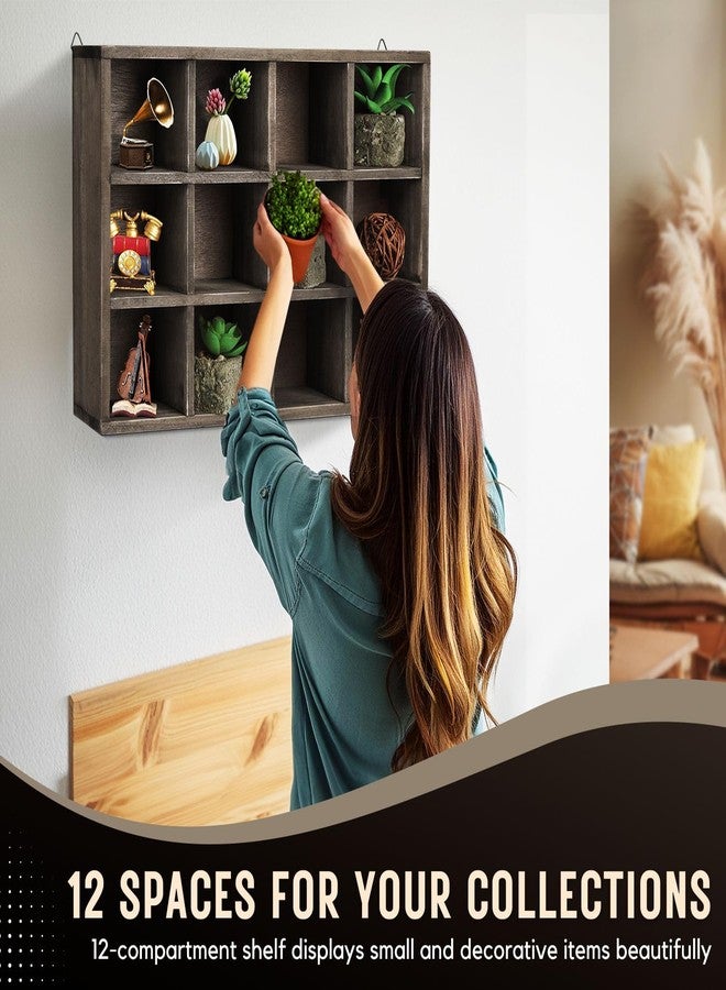 Flexzion Wooden Cubby Shelf - 12-Compartment Floating Hanging Wall Display Shelf Wood Rustic Brown Knick Knack Shelf, Versatile Wall Compartment Shelf with D-Ring Mounting Tabs - Image 3