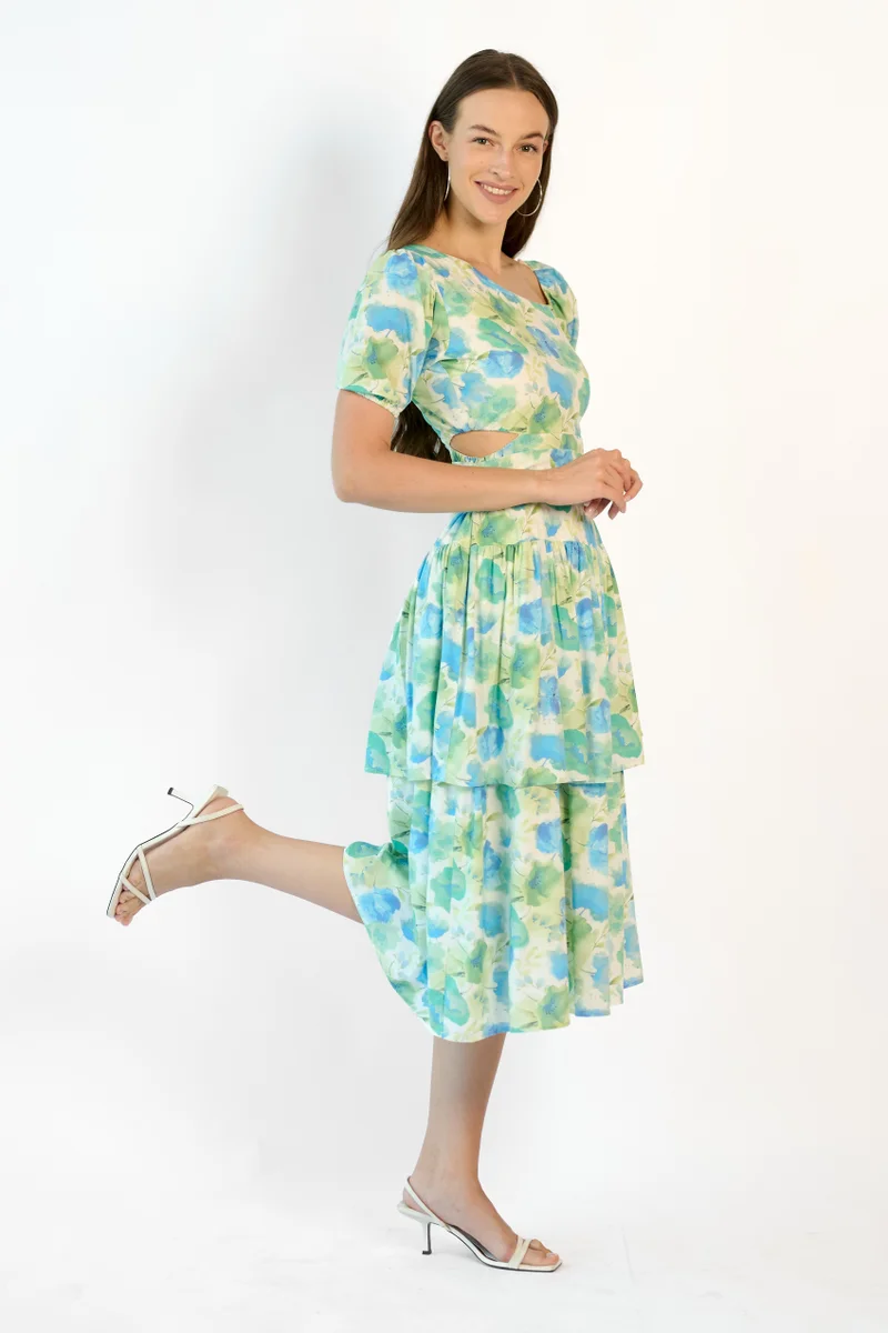 فيرجيو Viscose Floral Brunchwear Tiered Cut Out Dresses for Women