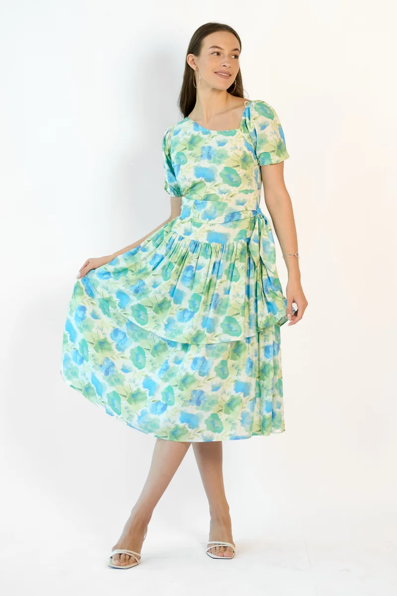 فيرجيو Viscose Floral Brunchwear Tiered Cut Out Dresses for Women