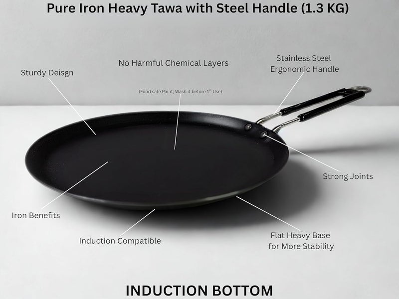 BARTN Pure Iron Heavy Induction Tawa for Roti/Chapati with Steel Handle | Premium Flat Bottom Induction Loha Tava with Health Benefits | Non-Toxic, No Chemical Layers| 11 Inch, 1.3 KG | Induction Base - Image 2
