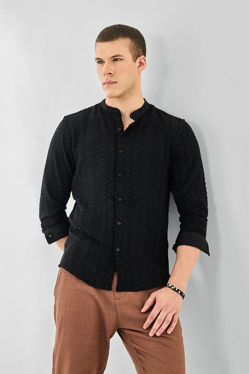 SNITCH Black Textured Long Sleeve Slim Fit Shirt