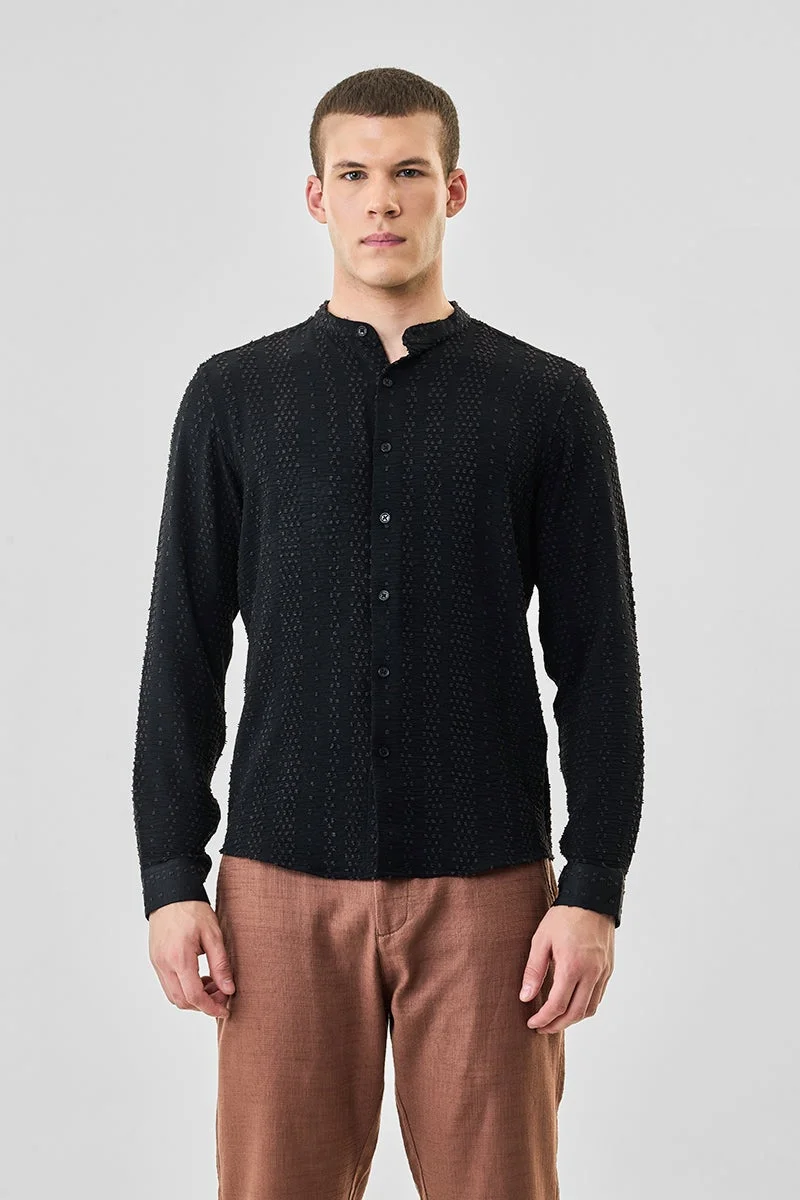 SNITCH Black Textured Long Sleeve Slim Fit Shirt