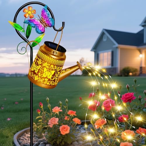 ostritec Solar Garden Decor Watering Can Lights Outdoor Waterproof Butterfly Hanging Lantern with Shepherd Hook Waterproof Garden Lights for Outdoor Landscape Pathway Yard Gifts for Mom Grandma Mothers Day - Image 1