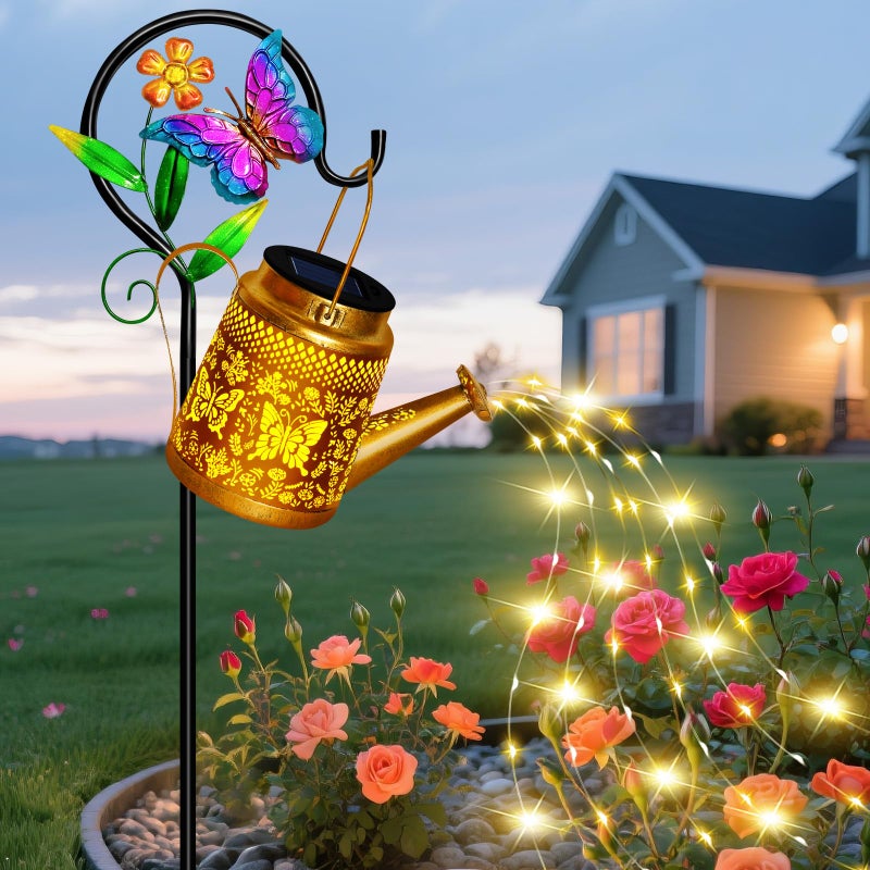 ostritec Solar Garden Decor Watering Can Lights Outdoor Waterproof Butterfly Hanging Lantern with Shepherd Hook Waterproof Garden Lights for Outdoor Landscape Pathway Yard Gifts for Mom Grandma Mothers Day - Image 2