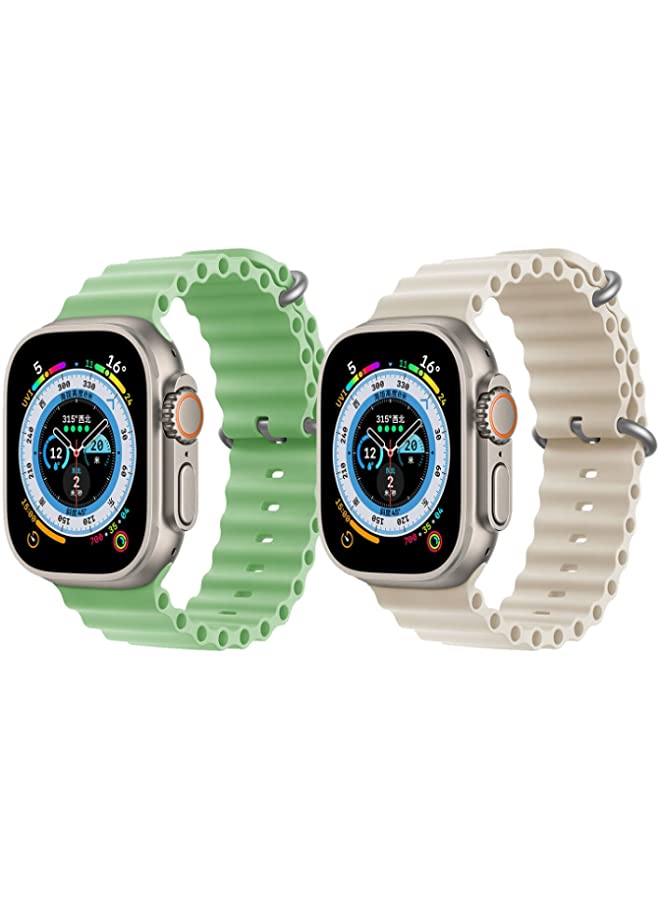 IAF Silicone Ocean Band Strap for Apple Watch Ultra 8 49mm Mint Green Single Color Strap with Off White Single Color Strap Set of 2
