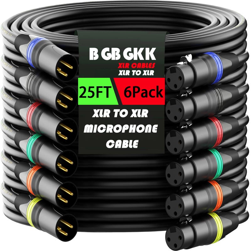 BGBGKK XLR Cables 25ft 6 Pack, Professional XLR Microphone Cable Male to Female, Gold-Plated 3-pin X LR Speaker Cables Balanced Mic Cord, Multicolor - Image 1