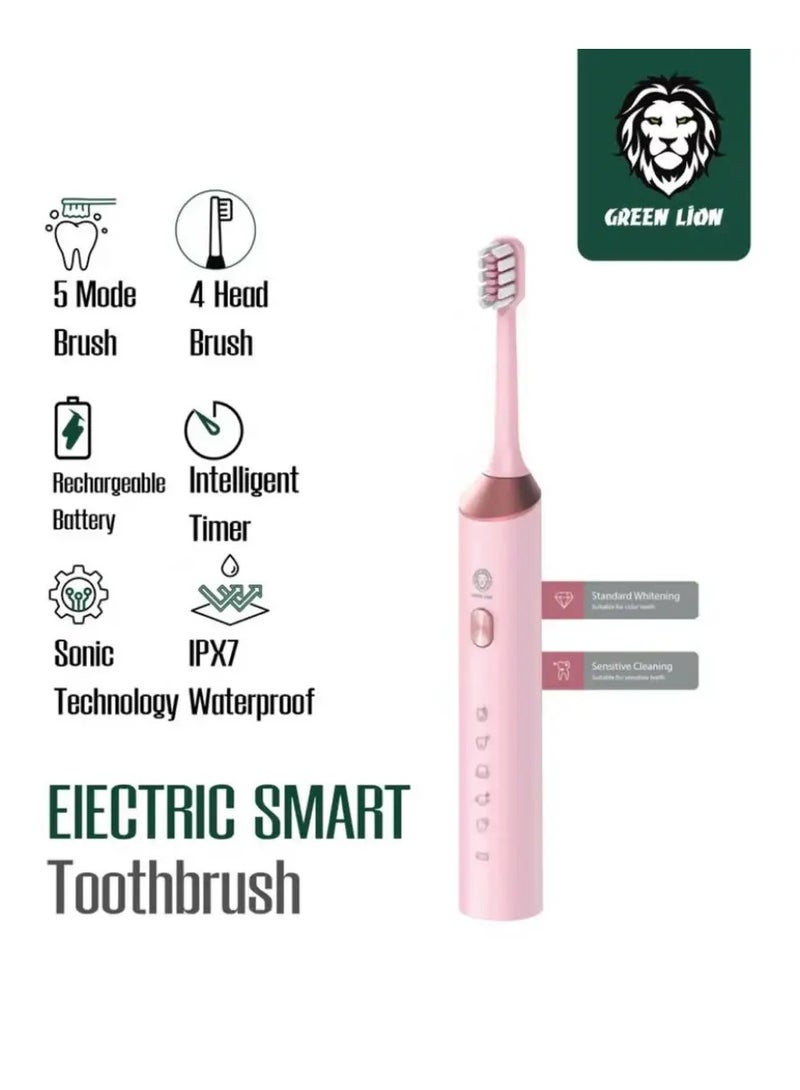 جرين ليون فرشاة أسنان كهربائية من جرين لايون، 5 أوضاع، تقنية سونيك، كابل شحن، 4 رؤوس للفرشاة، توقيت ذكي - وردي - Image 2