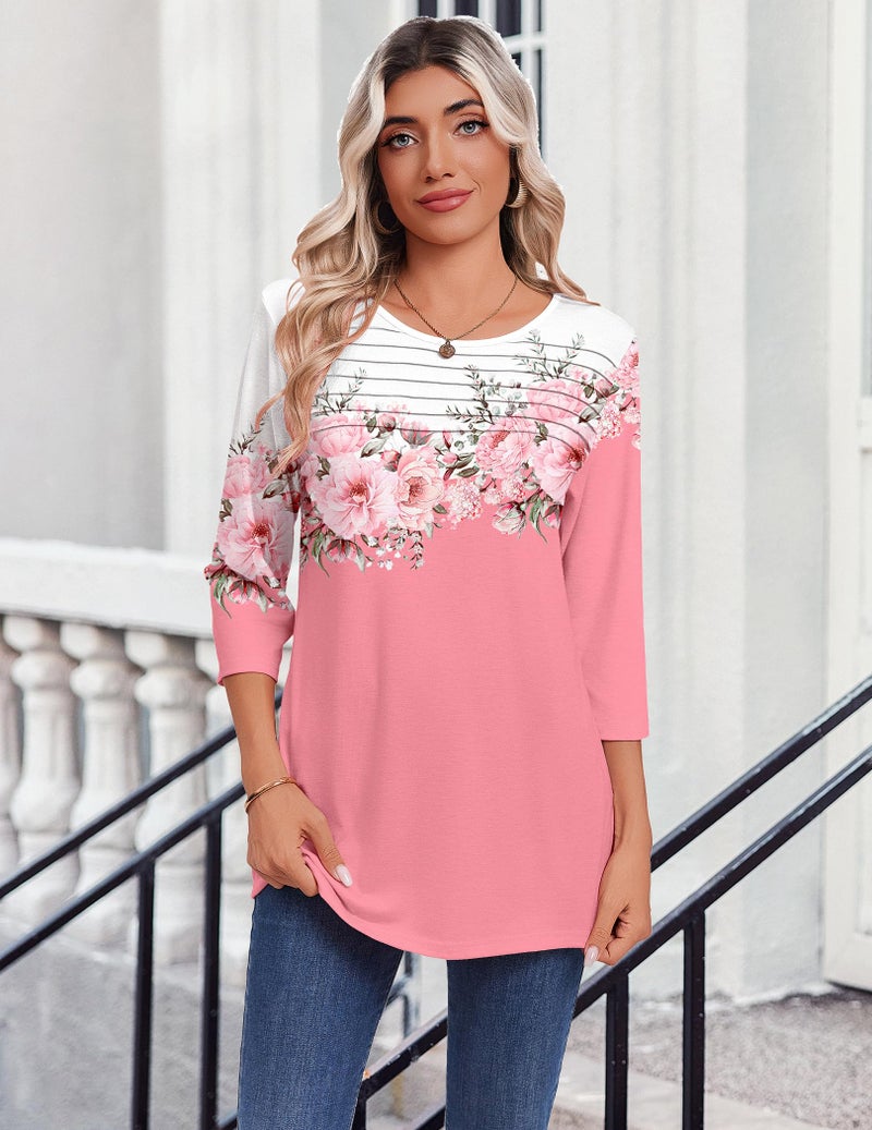 Zeagoo 3/4 Length Sleeve Womens Tops Spring Summer Blouses Dressy Casual Tunic Tops Crewneck Plus Size Shirts Floral Clothes - Image 2