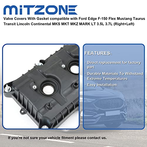 MITZONE Valve Covers Compatible with Ford Edge F-150 Flex Mustang Taurus Transit Lincoln Continental MKS MKT MKZ Mark LT 3.5L 3.7L Non-Turbocharged (Right+Left) - Image 3