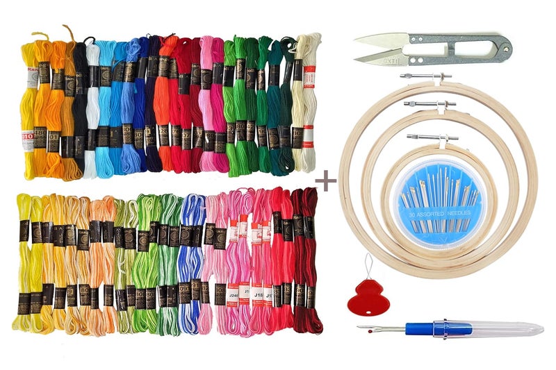 TE Embroidery Kit with Wooden Hoop Ring 6,7,8 Inches, 50 Multicolor Threads, 30 Needles, 1 Seam Ripper, 1 Threader and 1 Thread Cutter for Cross Stitch (Emb. kit 1st & 2nd aati) - Image 1