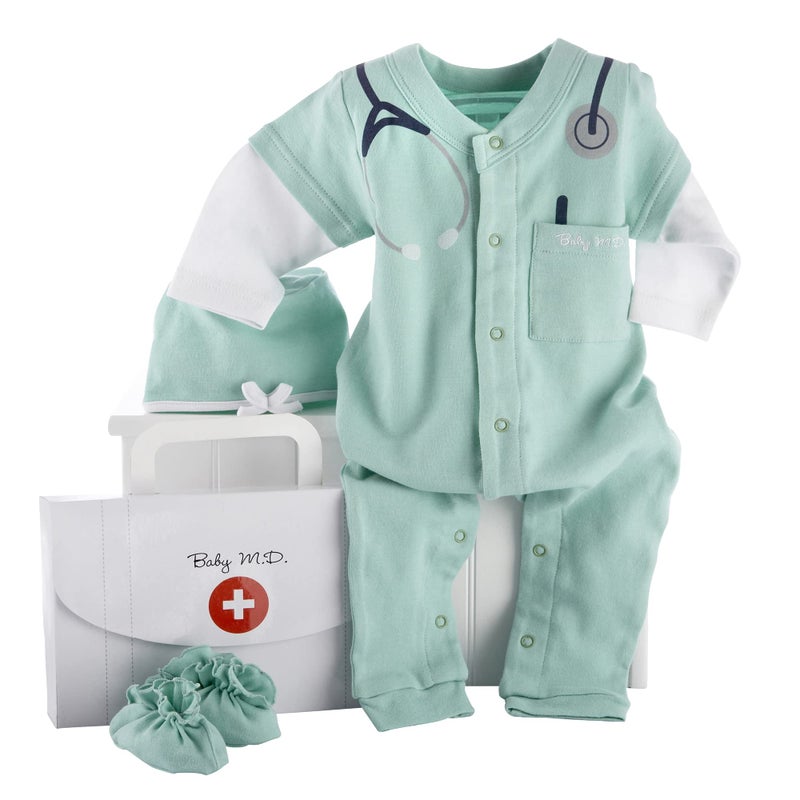 Baby Aspen Newborn Doctor Costume Gift Set for Boys â€“ Baby Shower Gifts & Newborn Clothes Outfit â€“ Infant Onesie, Scrubs & Baby MD Doctor Coat â€“ 0-3 Month Sleepers Layette for Halloween or Hospital Outfit - Image 2