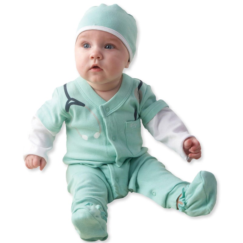 Baby Aspen Newborn Doctor Costume Gift Set for Boys â€“ Baby Shower Gifts & Newborn Clothes Outfit â€“ Infant Onesie, Scrubs & Baby MD Doctor Coat â€“ 0-3 Month Sleepers Layette for Halloween or Hospital Outfit - Image 1