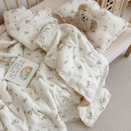 BuLuTu Cartoon Bunny Gauze Toddler Quilt Kids Blankets for Girls Boys Soft Breathable Cotton Muslin Kids Comforter Quilted Blanket with Cute Rabbit Pattern 47x59 No Pillow - Image 1