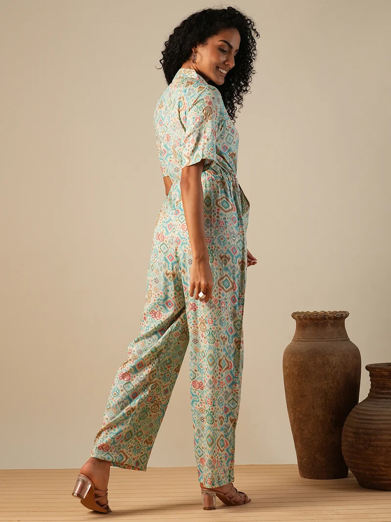 globus Women Cuban Collar Geometric Print Waist Tie-Ups Fusion Jumpsuit