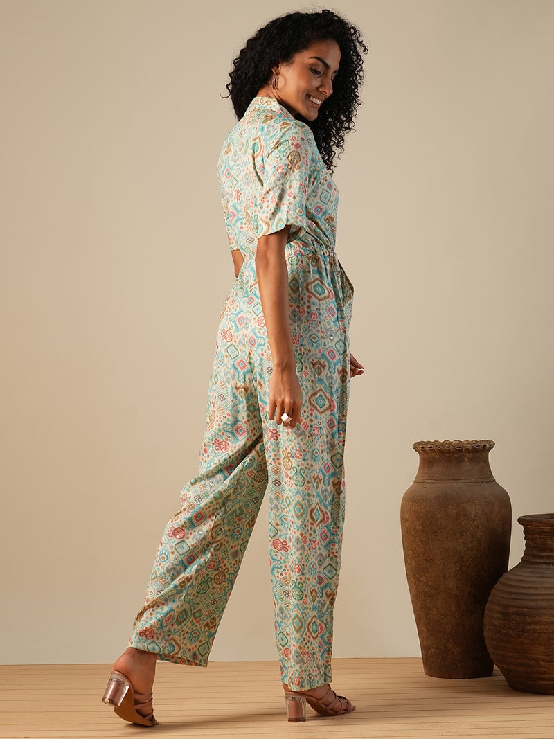 globus Globus Women Cuban Collar Geometric Print Waist Tie-Ups Fusion Jumpsuit - Image 3