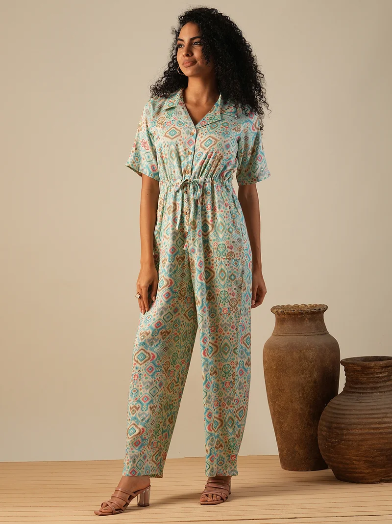 globus Globus Women Cuban Collar Geometric Print Waist Tie-Ups Fusion Jumpsuit