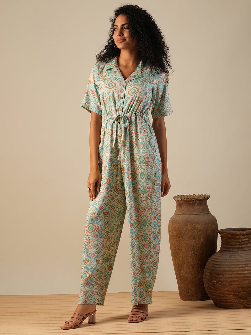 globus Globus Women Cuban Collar Geometric Print Waist Tie-Ups Fusion Jumpsuit - Image 2